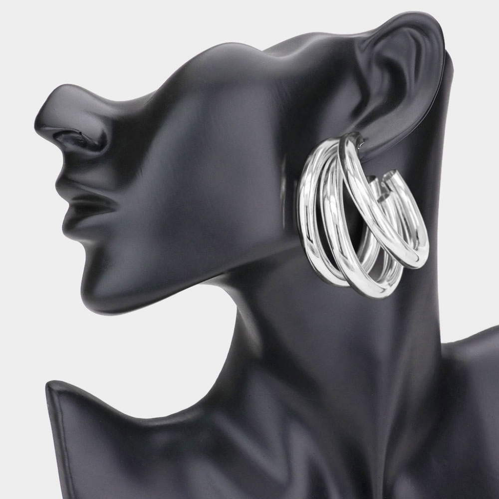 Silver Metal 2" Layered Triple Hoop Earrings Three Row Round Circle Womans